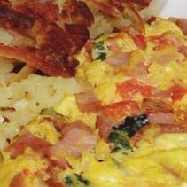 Family PalaCe Ham, onion, peppers, tomatoes and hash browns topped with cheddar cheese and two eggs any style 10.