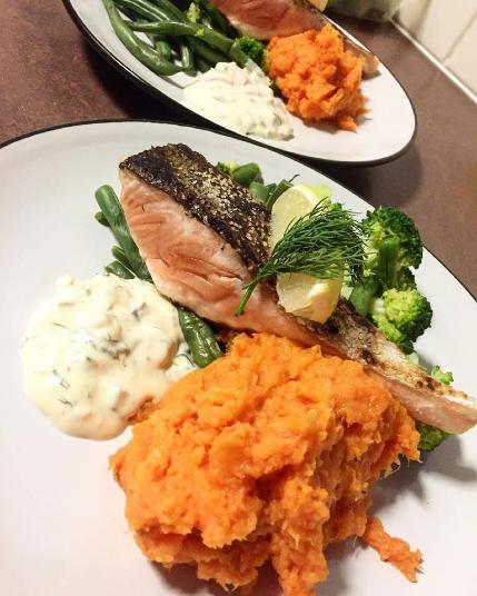Salmon, sweet mash, greens and sour cream and dill sauce.