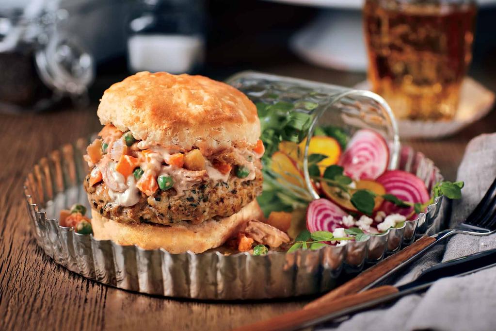 Smoked Chicken Pot Pie The ultimate comfort food gets the burger treatment: ground chicken sliders topped with pot pie filling featuring carrots, squash, parsnips and peas.