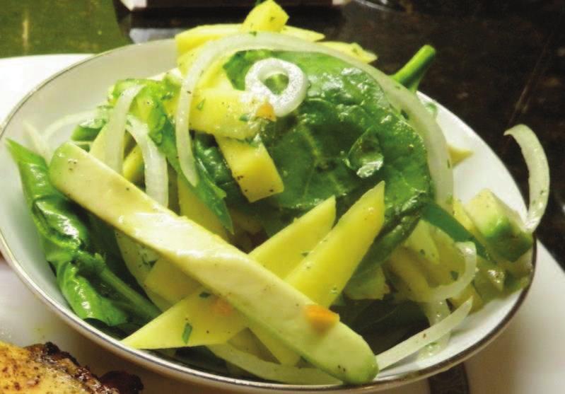 SPICY MANGO AVOCADO SALAD Salad ingredients: 2 large handfuls (3 cups) fresh baby spinach 1 avocado, cut into matchstick pieces 1 green (not ripe) mango, cut into matchstick pieces 1/2 onion, sliced