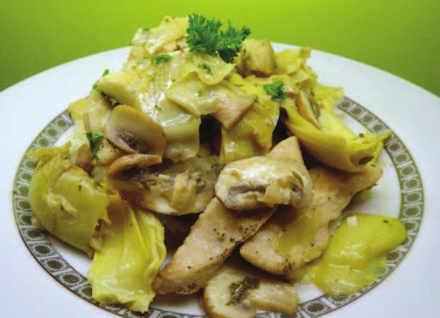 ARTICHOKE MUSHROOM CHICKEN Serves 4 2 split (1 whole) boneless, skinless chicken breasts, trimmed of excess fat and sliced in ½ in strips (about 20 oz) 1 can whole artichokes in brine, quartered