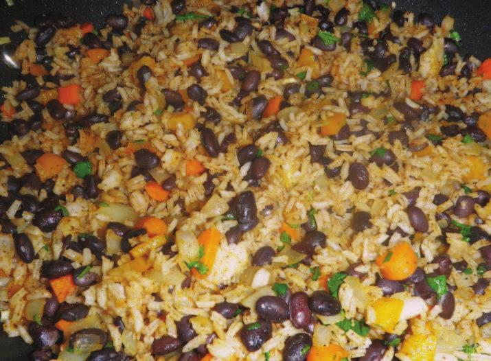 GALLO PINTO Spiced Black Beans & Rice 1 c dry brown rice ½ c dry black beans 2 T bean liquid 1 medium yellow onion (diced) 1/2 red, orange or yellow bell pepper (diced) 2 cloves garlic (minced) 1