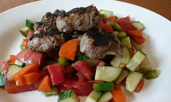 Meatball Salad 500g mince meat 1 small red onion, finely diced 4tbs ground oregano 1 egg 1 large cucumber, diced 2 carrots, diced 1 green capsicum, diced 1 avocado, diced Balsamic vinegar Pre-heat a