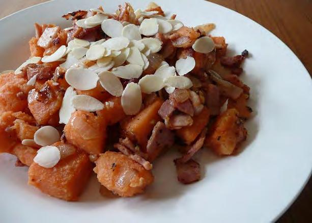 Sweet Potato and Bacon Salad 4 cups sweet potato, peeled and diced 1 onion, diced 4 rashes bacon, fat removed, diced Sliced almonds Oil Steam diced sweet potato for 5-6min, or until tender.