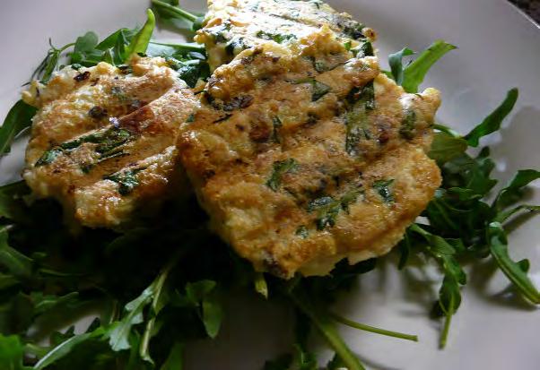 Fish and Pine-Nut Patties... 500g boneless white fish ½ cup parsley, finely chopped 1 / 3 cup pine nuts ½ cup almond meal 2 eggs Salt and pepper Rocket leaves Pre-heat grill to medium heat.