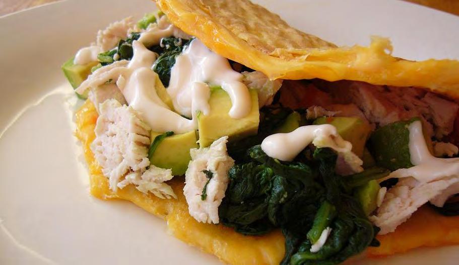 .. Chicken, Avocado and Spinach Omelette ½ chicken breast, poached and diced ¼ cup diced avocado 2 cups English spinach 2 tsp mayonnaise 3 eggs, beaten Salt and pepper In a pan on high heat, boil