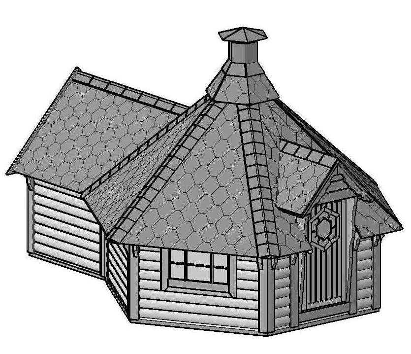 Specifications Wood Shape Standard set Wall, roof, floor panels; Roof covered with bitumen shingles