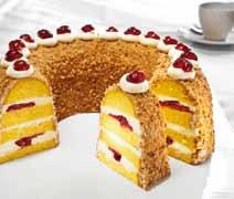 This ring-shaped cake is encased in a crunchy hazelnut topping and decorated with buttercream peaks and carefully selected cherries. 25 2.