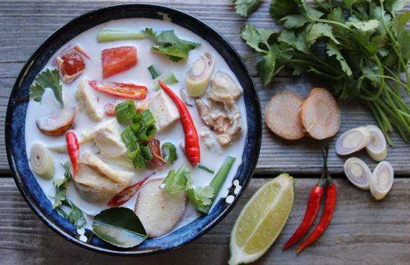 used in tom kha. The main difference is that tom kha always uses coconut milk. My version of tom kha gai is inspired from the island of Ko Lanta in southern Thailand.