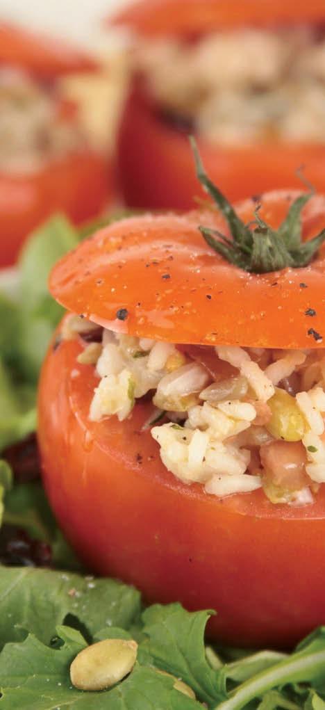 MEDITERRANEAN RICE-STUFFED TOMATOES 1-2 C. cooked rice (we like long grain white, but any will do) 3 4 C Enjoy Life Foods Beach Bash Seed & Fruit Mix 1 T. extra virgin olive oil 1 4 t.