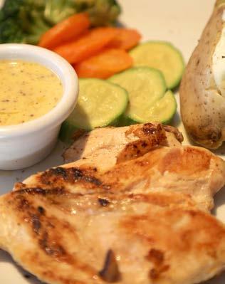 a selection of boiled vegetables with your choice of pepper or mushroom sauce Grilled Chicken Breast Grilled chicken breast served with baked potato and a selection of boiled vegetables