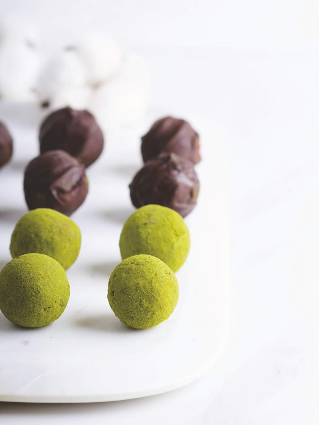 MATCHA LEMON TRUFFLES 10 MINS 3-4 HOURS 8 TRUFFLES - ½ cup of macadamia nuts (or choice of your own) - ¾ cup of shredded coconut - 1 tbsp coconut oil (melted) - 1 tbsp freshly squeezed lemon juice -