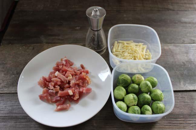 Cheesy bacon Brussels 120g Brussels sprouts, quartered 100g diced bacon 30g Cheddar cheese (use dairy free cheese if preferred), grated ½ tsp coconut oil or butter SERVES 1