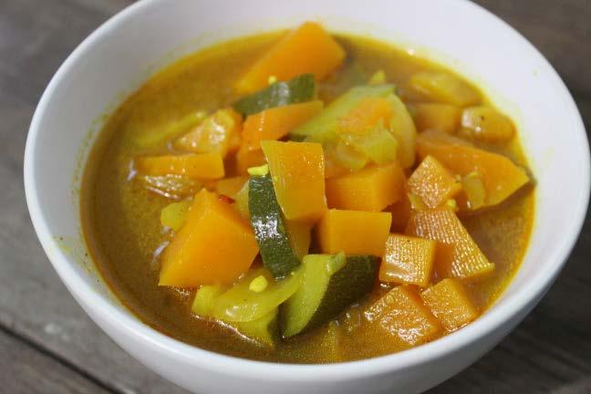 Harissa squash soup 2 tsps coconut oil or butter 1/2 a white onion, peeled and diced 1 stick celery, finely chopped 1 medium sized butternut squash, peeled and diced 1 medium sized courgette, sliced