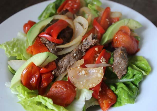Quick beef salad 1/2 tsp coconut oil or organic butter 1 small white onion, cut into chunks 1 bell-pepper any colour, cut into strips 350g quick fry steak, cut into strips 1 tsp oregano 1 tsp paprika