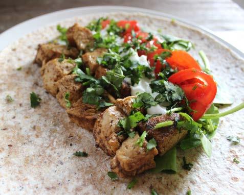 Turkey tikka salad wrap 140g fresh turkey breast, diced 1 tsp tikka curry powder 1 tsp butter or coconut oil squeeze of lemon juice 2 small vine tomatoes 1 seeded wrap (use a gluten free wrap if