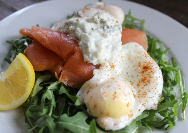 Smoked salmon & eggs with a creamy dill sauce 2 eggs for the sauce: few springs fresh dill, finely chopped 60g cream cheese (or use dairy free cream cheese if preferred) juice of 1/2 a lemon pinch of