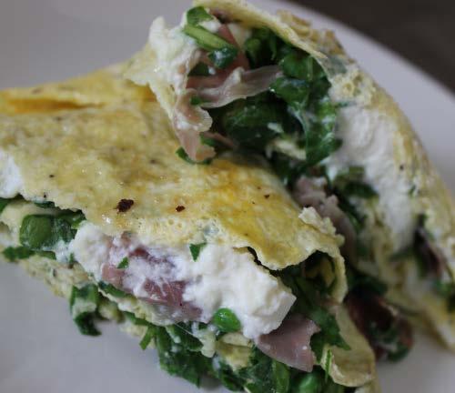 Creamy Parma ham, pea & spinach omelette 3 eggs 1 tbsp ricotta cheese (or use dairy free cheese if preferred) salt and pepper to season 2 tsps ghee or coconut oil 2 slices Parma ham 1 handful fresh