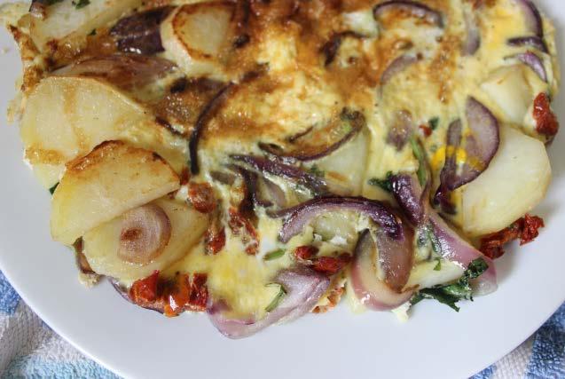 Potato & sun-dried tomato frittata 4 eggs salt and pepper 1 small all-rounder potato, peeled and sliced quite finely.