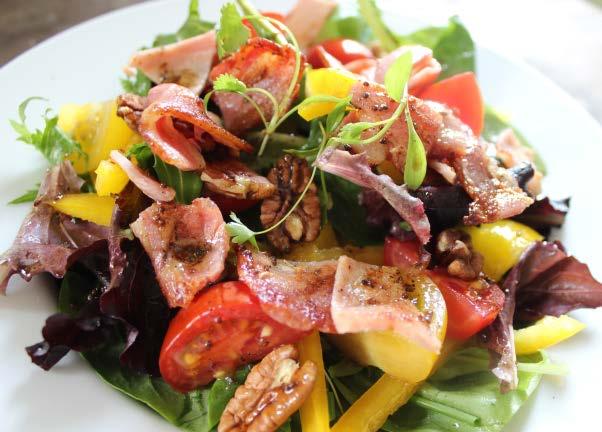 Bacon, maple & pecan salad 1/2 tsp ghee or coconut oil 1 unsmoked bacon rasher, cut into small pieces 8 pecan halves large handful mixed lettuce leaves 3 cherry tomatoes, halved half a yellow