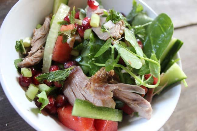 Summery duck salad 2 duck legs, approximately 225g each (each leg will yield approximately 90g cooked meat) 1 tsp ground Szechuan pepper pinch sea salt pinch ground ginger 80g cucumber, cut into