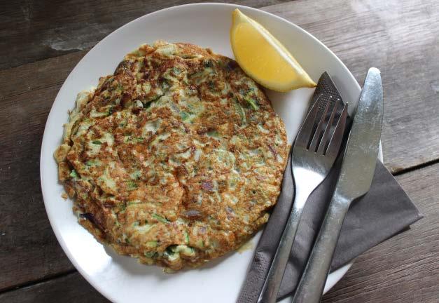 Veggie fritters 3 tsps ghee or coconut oil 1/2 a small red onion, finely chopped (or use 6 spring onions, finely sliced) 1 green bell-pepper, finely diced 120g courgette, grated 4 eggs 40g Cheddar