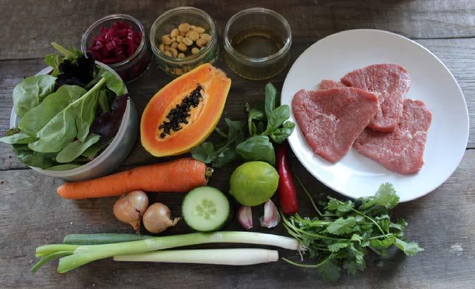 Fragrant Thai beef & papaya salad 80g beef minute steaks 2 shallots, peeled and quartered for the marinade: 2 tsps olive oil pinch of sea salt and black pepper 1 tbsp fish sauce (nam pla) juice of