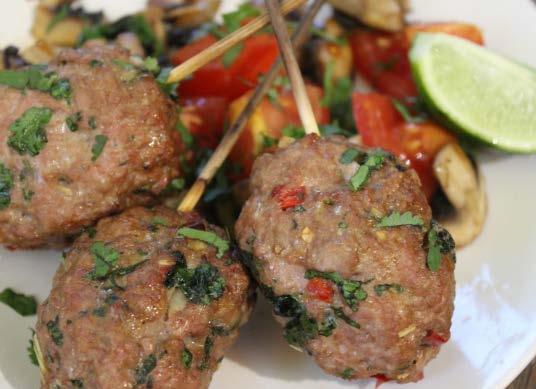 Thai pork skewers 300g lean minced pork 4 garlic cloves, finely chopped small bunch of fresh coriander, finely chopped (plus extra to garnish) 1 tbsp soy sauce 1 red chilli pepper, finely chopped