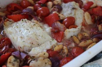Mediterranean cod bake 2 red peppers, deseeded and chopped 2 red onions, peeled and cut into wedges 250g baby plum tomatoes 2 tsps capers 400g tinned chopped tomatoes 2 tsps garlic, chopped 400g can