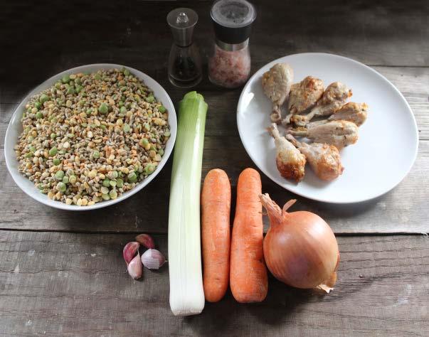 Chicken drummer soup 500g soup and broth mix 10ml extra virgin olive oil 200g leek, sliced 200g carrot, sliced 200g white onion, diced 4 cloves of garlic, finely chopped 2-3 litres cold water