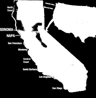 Notable regions: Mendocino/Lake County, the Central Coast, the South Coast, the Sierra Foothills, the Central Valley.