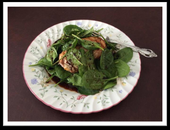 Balsamic Chicken Salad Ingredients - Serves: 1-1 Chicken Breast - 1 handful Spinach - 3 tbsp. Olive Oil - 3 tbsp. Balsamic Vinegar 1. Cook chicken breast on the grill. 2.