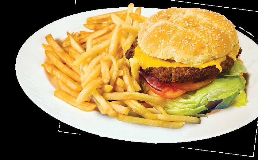 All Burgers & Chicken Sandwiches* are topped with lettuce, onion & tomatoes. Served with your choice of French fries or fruit. Includes complementary bowl of soup or salad.