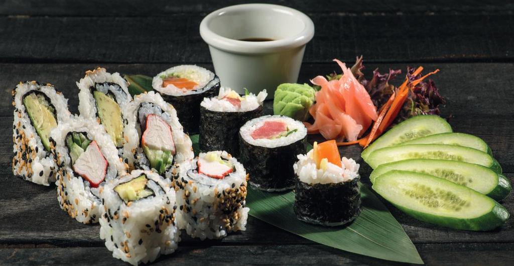 أطباق السوشي Sushi Platters Assorted Sashimi 4 Salmon, 4 Tuna 8pcs 48 طبق الساشيمي 4 سلمون 4 تونا All Cooked 4 California Vegetable Rolls, 4 California Prawn Rolls, 4 Maki Crab Rolls, 2 Nigiri