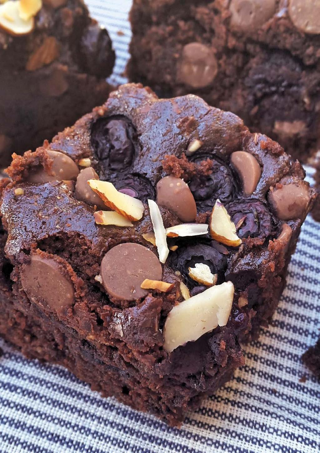 BLUEBERRY & Almond SERVES 12 ¾ cup neutral oil (sunflower, olive oil, nut oil) 200g Healtheries No Added Sugar Milk Chocolate Baking Bits (or you can use dark for a more intense brownie) + ¹/3 cup