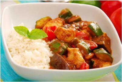 Kid-Friendly Chicken Curry Main Meal Serves: 4 800g skinless, boneless Chicken Thighs 3 Plum Tomatoes, chopped 2 Courgettes, chopped 180gAubergine, chopped 1 tbsp Sesame Oil 150g Sweet Potato,