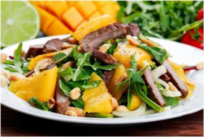 Beef & Mango Salad Main Meal Serves: 4 450g Sirloin Steak 3 tbsp Soy Sauce 2 Mangoes, flesh chopped 3 tbsp Garlic-Infused Olive Oil Black Pepper 1.