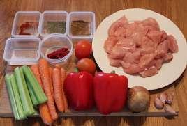 diced 10g tomato puree ½ pint chicken stock (made with 1 stock cube) ½ red bell pepper, sliced 100g tinned mixed beans, drained MAKES 2 SERVINGS Once cooled, this can be