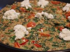 Spinach & cheese pizza small amount of coconut oil to grease dish 4 eggs 3 egg whites 40g gluten free porridge oats 4 cherry tomatoes, halved 40g baby leaf spinach, finely chopped 1 red chilli