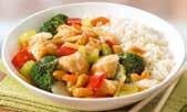 #125 Honey Soy Tender chicken pieces in a full flavoured honey soy sauce with stir fried vegetables and steamed rice.
