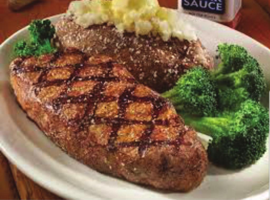 The Dinner Experience Our steaks are hand-cut daily. Select items are served with soup or salad, homemade bread and your choice of baked potato (after 4 p.m.), ale-battered fries, real mashed potatoes, baby reds or rice pilaf.