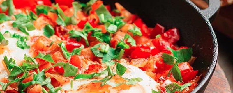 Shakshuka - poached eggs in tomato sauce Friday 29th March COOK TIME PREP TIME SERVES 00:30:00 00:10:00 3 Shakshuka is a meatless Israeli dish known for its yolk filled eggs nestled atop a layer of
