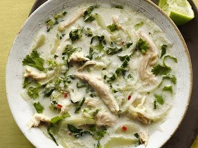 lemongrass, cumin, coriander, Thai chile in coconut oil. Add chicken and onion: cook 5 minutes. Add bok choy, water, coconut milk, cilantro, and fish sauce: simmer 8 minutes. Allrecipes.