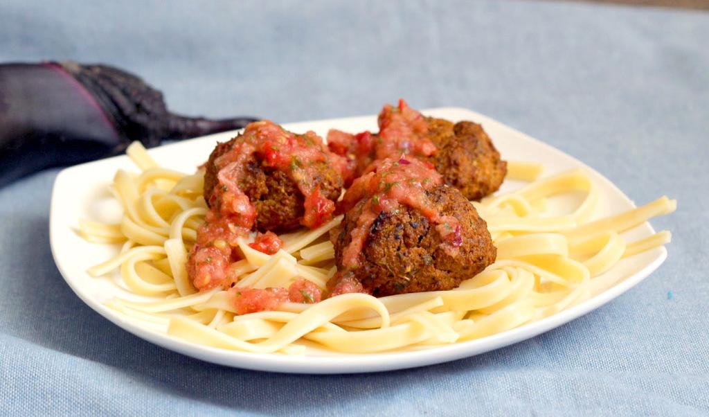 entrees *Recipe makes 3 servings & yields 12-15 meatballs (1 serving ~4 meatballs) Eggplant Meatless Meatballs 3 tbsp water 1 tbsp flax seed 2 medium eggplant, cut into 1-inch pieces 2 tbsp olive oil