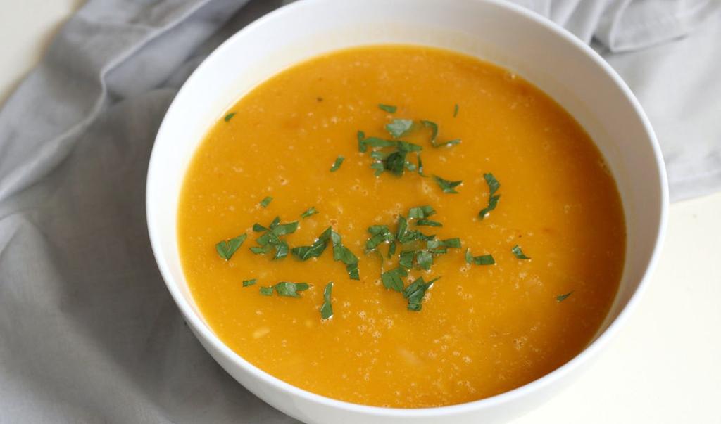 SOUPS *Recipe makes 4-6 servings Butternut Squash Soup 1 large butternut squash, washed, and pierced several places with a kitchen knife 1 tbsp olive oil 3 stalks of celery, thinly sliced 2 carrots,