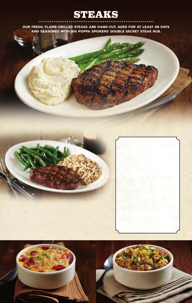 BJ s CLASSIC RIB-EYE HOUSE TOP SIRLOIN* Thick, fresh, tender house special sirloin choice of two signature sides (cal. 500) 16.75 BJ s CLASSIC RIB EYE* Juicy, well-marbled, fresh 14 oz.