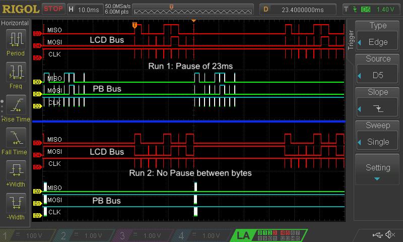 33 Figure 2.10: Screenshot of a logic-analyzer, showing the timing comparison between the manufacturer s clocking and continuous clocking.