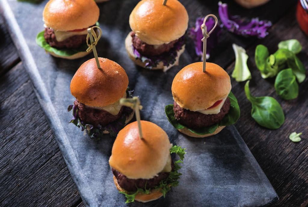 PLAY BALL PLATTERS SLIDE INTO HOME WITH THESE HANDHELD FAVORITES Mini Hand-Crafted Slider Combo Twelve chicken and twelve beef sliders served warm upon your arrival.