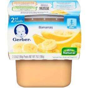 Infant Food: Bananas 90cal 22g 0g 1g 1g 5mg 18g Serving Size = 1 package or 4 oz. Fully Ripened Banans (Banana Puree Concentrate And Water), Citric Acid, Ascorbic Acid (Vitamin C).