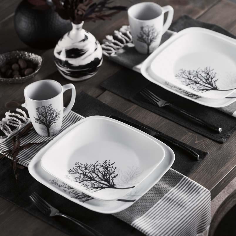 Square CORELLE Square dinnerware features sleek, squared shapes with rounded corners and flared rims which fuse seamlessly with the traditional rounded centers.